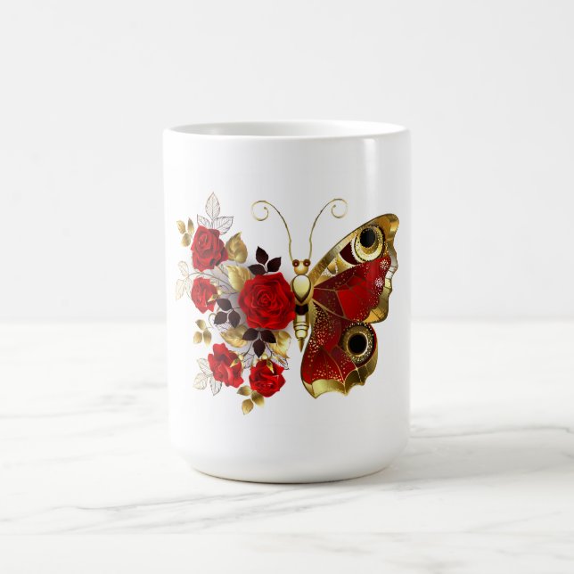 Red flower butterfly with red roses magic mug (Center)