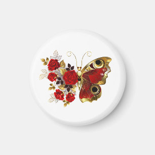 Red flower butterfly with red roses magnet