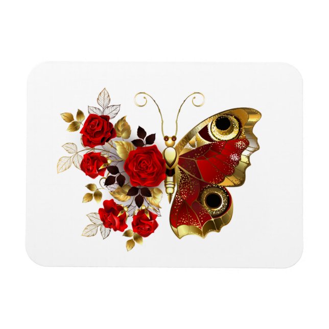Red flower butterfly with red roses magnet (Horizontal)