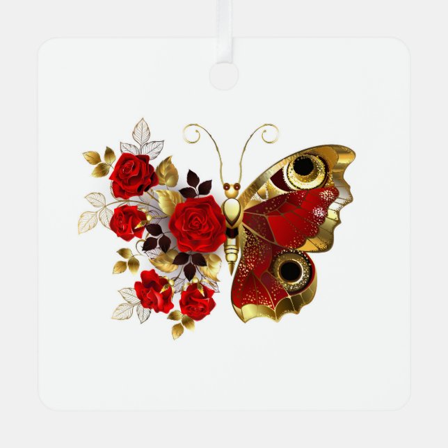 Red flower butterfly with red roses metal ornament (Front)