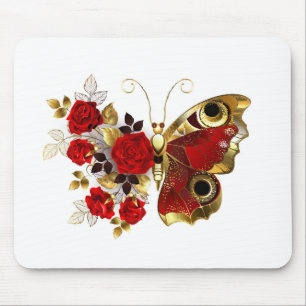 Red flower butterfly with red roses mouse pad