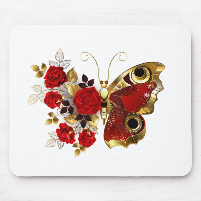 Red flower butterfly with red roses mouse pad (Front)