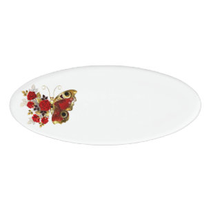 Red flower butterfly with red roses name tag