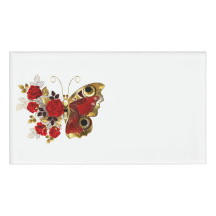 Red flower butterfly with red roses name tag