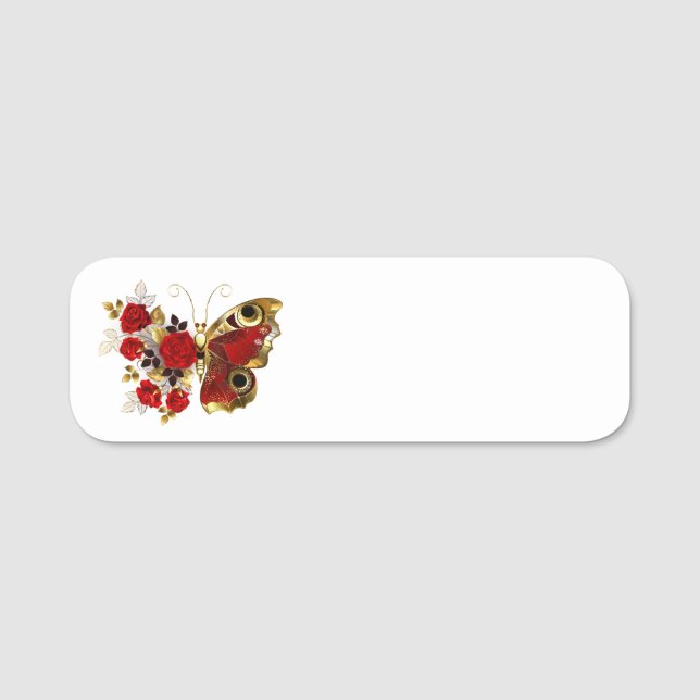 Red flower butterfly with red roses name tag (Front)