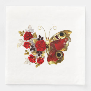 Red flower butterfly with red roses napkin