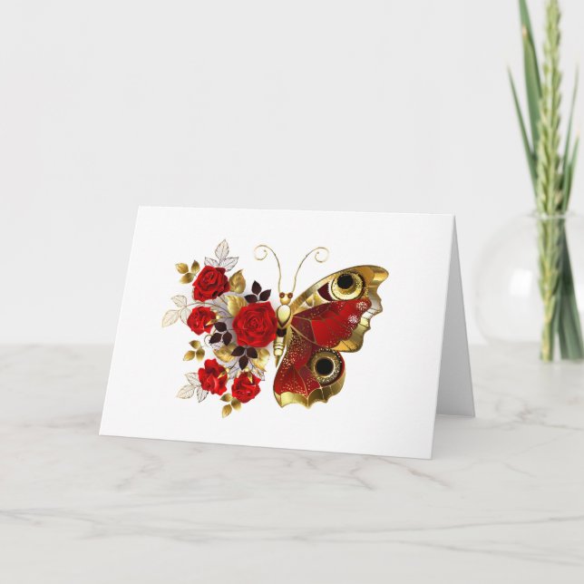 Red flower butterfly with red roses note card (Front)