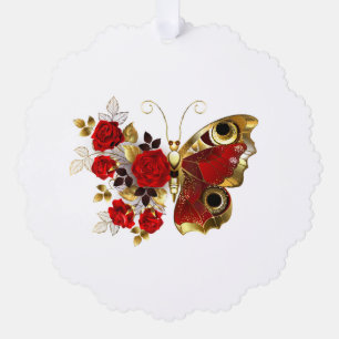 Red flower butterfly with red roses ornament card