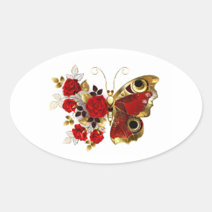 Red flower butterfly with red roses oval sticker