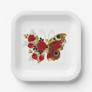 Red flower butterfly with red roses paper plate