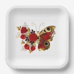 Red flower butterfly with red roses paper plate