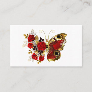 Red flower butterfly with red roses place card
