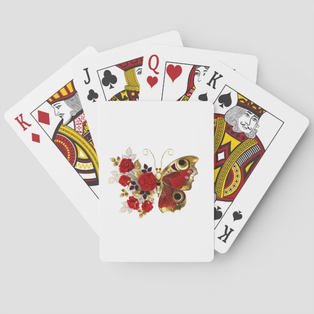 Red flower butterfly with red roses playing cards (Back)