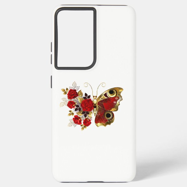 Red flower butterfly with red roses samsung galaxy s21+ case (Back)
