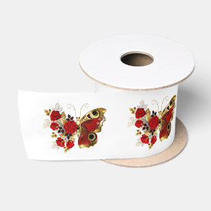 Red flower butterfly with red roses satin ribbon