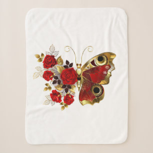 Red flower butterfly with red roses sherpa blanket