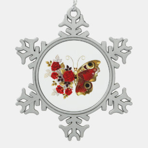 Red flower butterfly with red roses snowflake pewter christmas ornament
