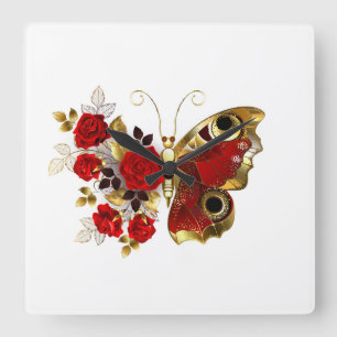 Red flower butterfly with red roses square wall clock