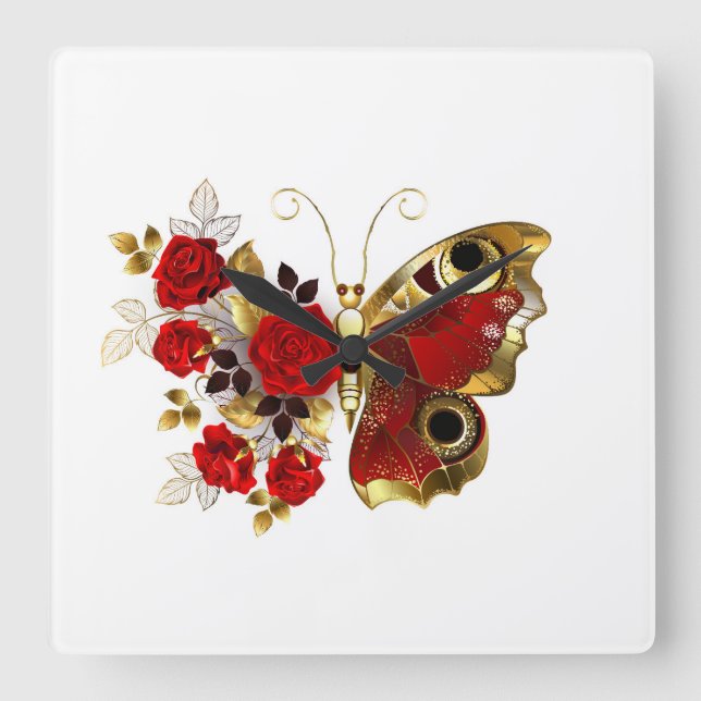 Red flower butterfly with red roses square wall clock (Front)