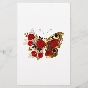 Red flower butterfly with red roses stationery