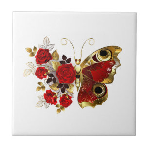 Red flower butterfly with red roses tile