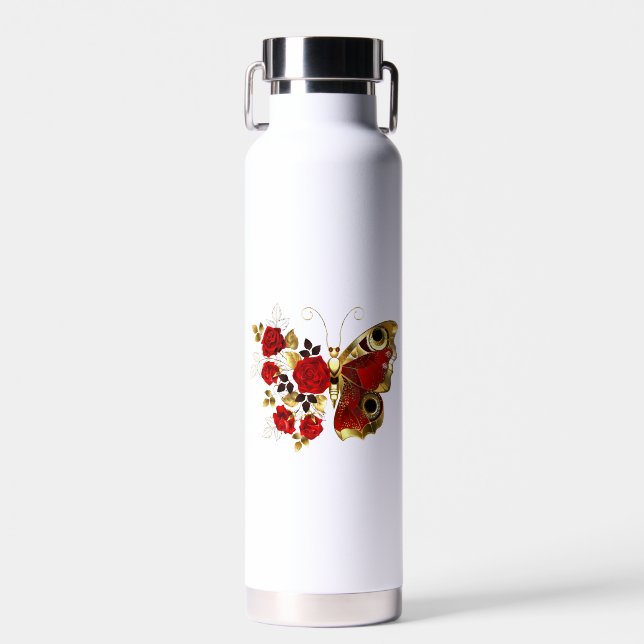 Red flower butterfly with red roses water bottle (Front)