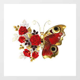 Red flower butterfly with red roses window cling