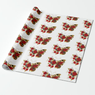 Red flower butterfly with red roses wrapping paper