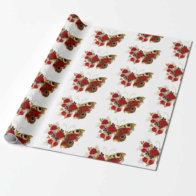 Red flower butterfly with red roses wrapping paper (Unrolled)