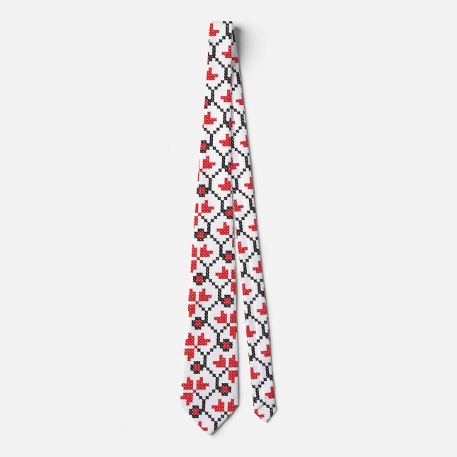 Red flower cross-stitch design tie (Front)