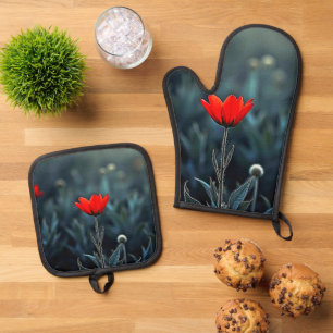 Red Flower Dark Night Solitude Art Oven Mitt & Pot Holder Set