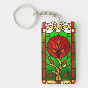 Red Flower Elegant Stained Glass Art Keychain