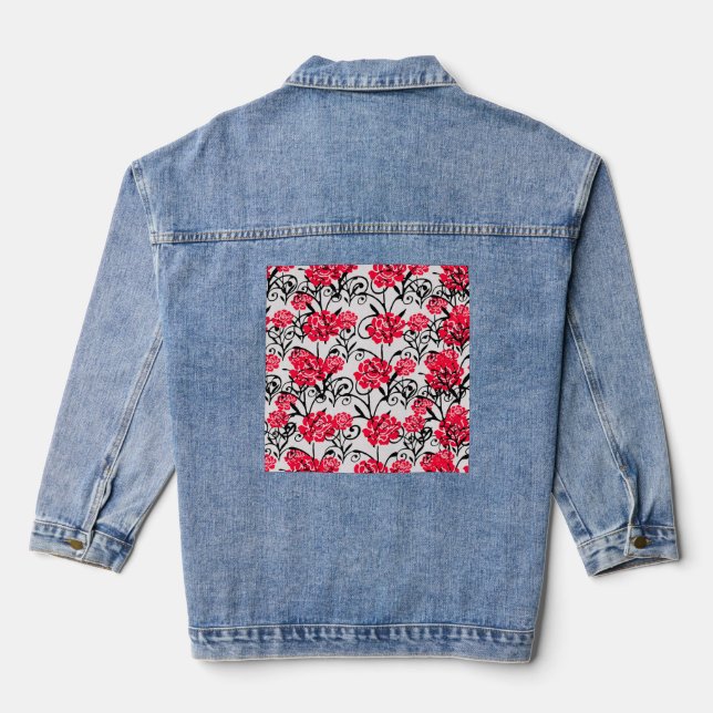 Red Flower Floral Illustration Pattern Design Denim Jacket (Back)