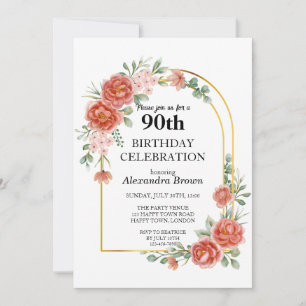 Red Flower Gold Frame 90th Birthday Photo Party Invitation