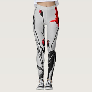 Red Flower Grey Art Leggings