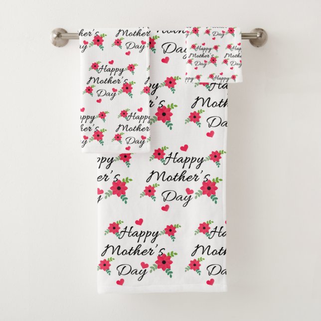 Red Flower Heart Happy Mothers Day Bath Towel Set (Insitu)