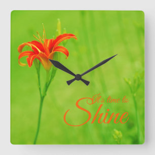 Red Flower "It's time to shine" Square Wall Clock