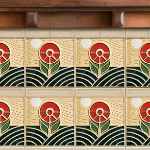 Red Flower Mid-Century Symmetry Arts and Crafts Tile