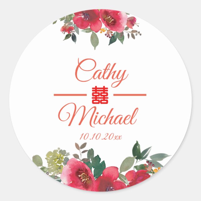 Red flower modern double happiness Chinese wedding Classic Round Sticker (Front)