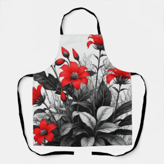 Red Flower On Black White Plant Apron