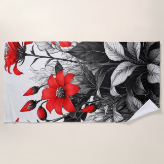 Red Flower On Black White Plant Beach Towel