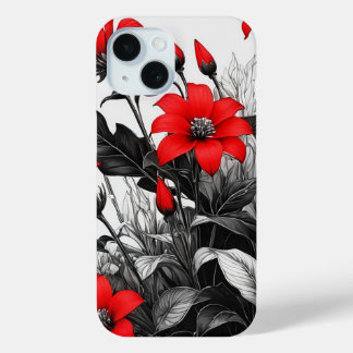 Red Flower On Black White Plant iPhone 15 Case