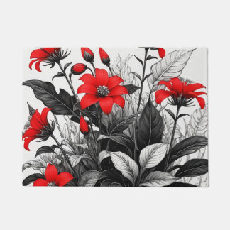 Red Flower On Black White Plant Doormat