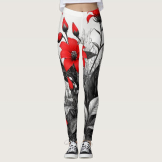 Red Flower On Black White Plant Leggings