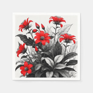 Red Flower On Black White Plant Napkin
