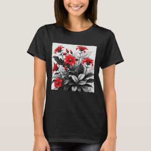Red Flower On Black White Plant  T-Shirt