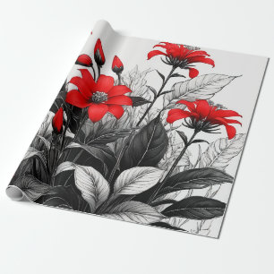Red Flower On Black White Plant Wrapping Paper