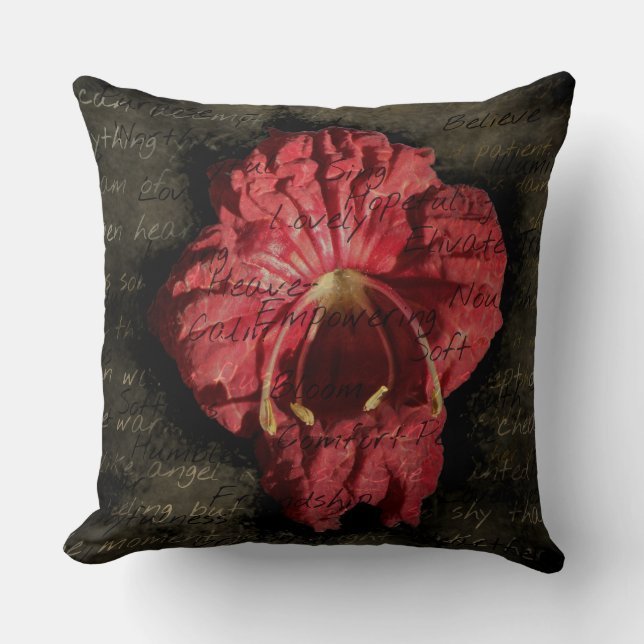 Red Flower on Grunge Text Throw Pillow (Front)