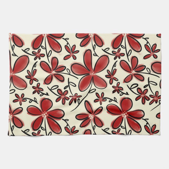 Red flower pattern kitchen towel (Horizontal)