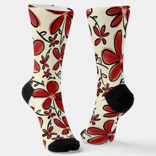 Red flower pattern socks (Angled)